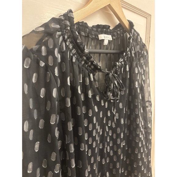 Maette Women's Black Ruffle Top Silver Dots Sheer Lined Size Large - Picture 3 of 8